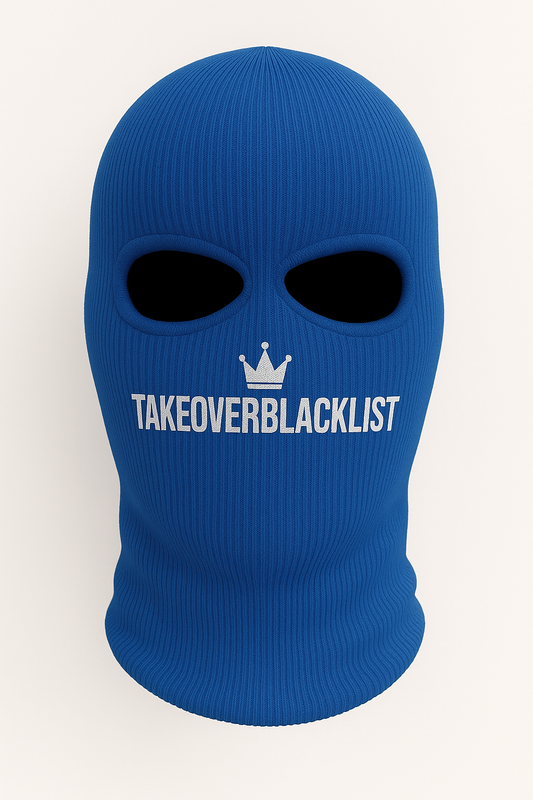 TAKEOVERBLACKLIST Strick-Sturmhaube – Schwarz | Streetwear Balaclava mit Logo-Print