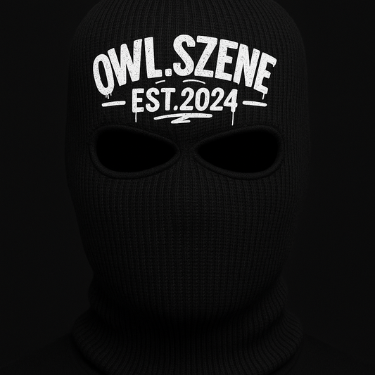 OWL Szene Strick-Sturmhaube – Schwarz | Streetwear Balaclava mit Logo-Print