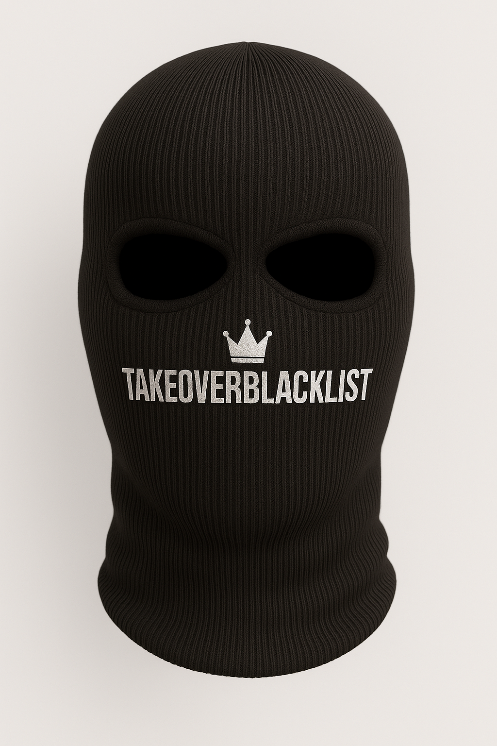 TAKEOVERBLACKLIST Strick-Sturmhaube – Schwarz | Streetwear Balaclava mit Logo-Print