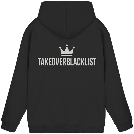 TAKEOVERBLACKLIST Premium Hoodie – Schwarzer Kapuzenpullover mit Rückenlogo